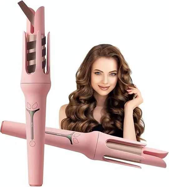 Automatic Curling Iron, 32mm Hair Rotating Curler Wand with 3-Speed Adjustable Temp and LCD Display, Fast Heating Ceramic Hair Curler, Automatic Shut Off, Anti-Tangle for All Hair Pink