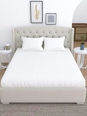 LINENWALAS 100% Organic Cotton Super Soft Fitted Bed Sheet, Easy Snug Fit, Breathable, 40 cm Deep Pocket White Stripe Qu