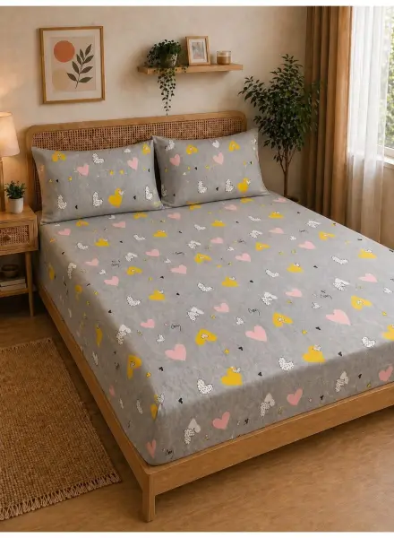 Eworld 3-Piece Fitted Bedsheet Set, Doodle Heart Print, 100% Cotton, 125 GSM, 1 Fitted Sheet + 2 Pillowcases – Available in King, Queen and Single Sizes