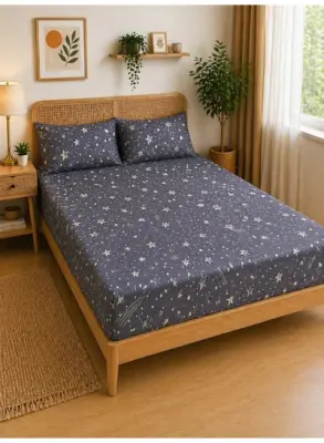 Eworld 3-Piece Fitted Bedsheet Set, Celestial Stars Pattern, 100% Cotton, 125 GSM, 1 Fitted Sheet + 2 Pillowcases – Avai