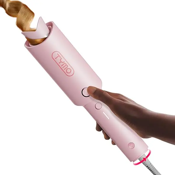 TYMO Automatic Rotating Curling Iron - TYMO CURLPRO Beach Waves Curling Wand, Portable Hair Curler, 500 Million Ionic, Dual Voltage & Lightweight for Travel, Ceramic Coating, Pink, 32mm