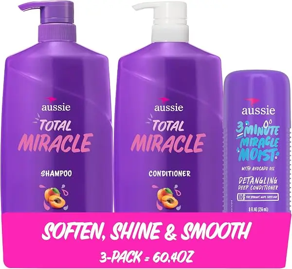 Aussie Total Miracle Hair Care Bundle: Shampoo, Conditioner, and 3 Minute Deep Treatment with Apricot & Macadamia Oil, Paraben-Free for Damaged Hair, 26.2 & 8 Fl Oz