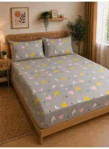 Eworld 3-Piece Fitted Bedsheet Set, Doodle Heart Print, 100% Cotton, 125 GSM, 1 Fitted Sheet + 2 Pillowcases – Available