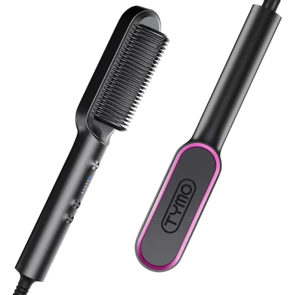 TYMO Hair Straightener Brush, Hair Iron with Built-in Comb. Tourmaline Ceramic Coating. Fast Heating & 5 Temp Settings. Hair Straightener Brush That Salon Styling at Home. (Matte Black)