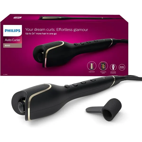 Philips Auto Curler BHB876/03 |Open barrel design for tangles free curls | Full Automatic Curler|3 Temperature modes | 3 Timer settings|Two smart curling guards| kertain ceramic coating
