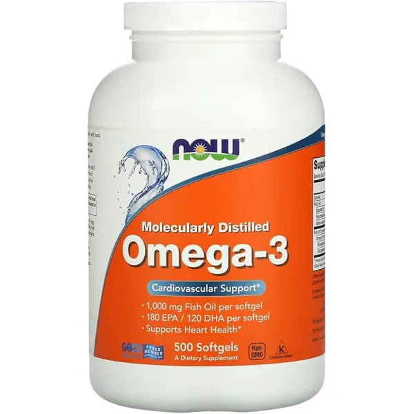 Now Foods Omega-3 1000mg Fish Oil | Molecularly Distilled with 180 EPA & 120 DHA for Cardiovascular Support & Heart Health | 500 Softgels