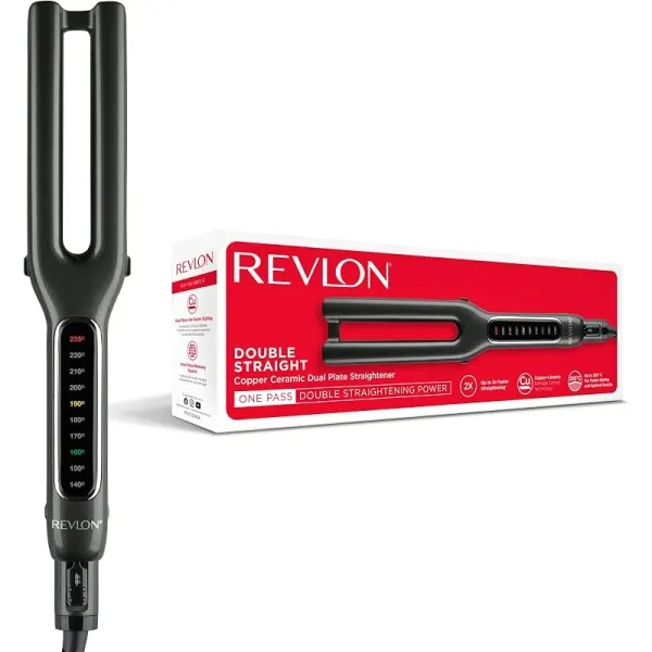 Revlon Double Straight Straightener (Dual Plate Design, Advanced Copper Ceramic Technology, LED Display, Smart Heat Memory System, 10 Heat Settings up to 235°C) RVST2204UK, Black
